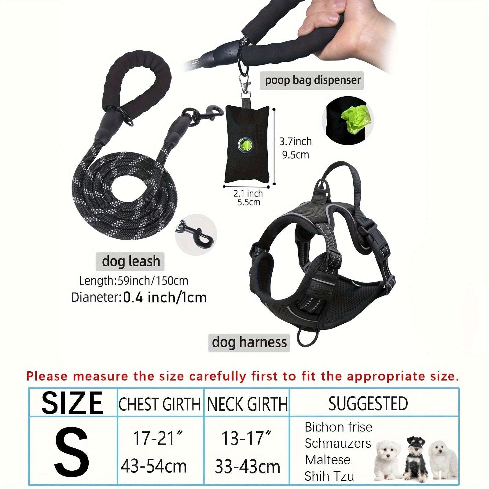 3pcs Adjustable Soft Escape-Proof Dog Harness Set with Leash, Poop Bag Dispenser