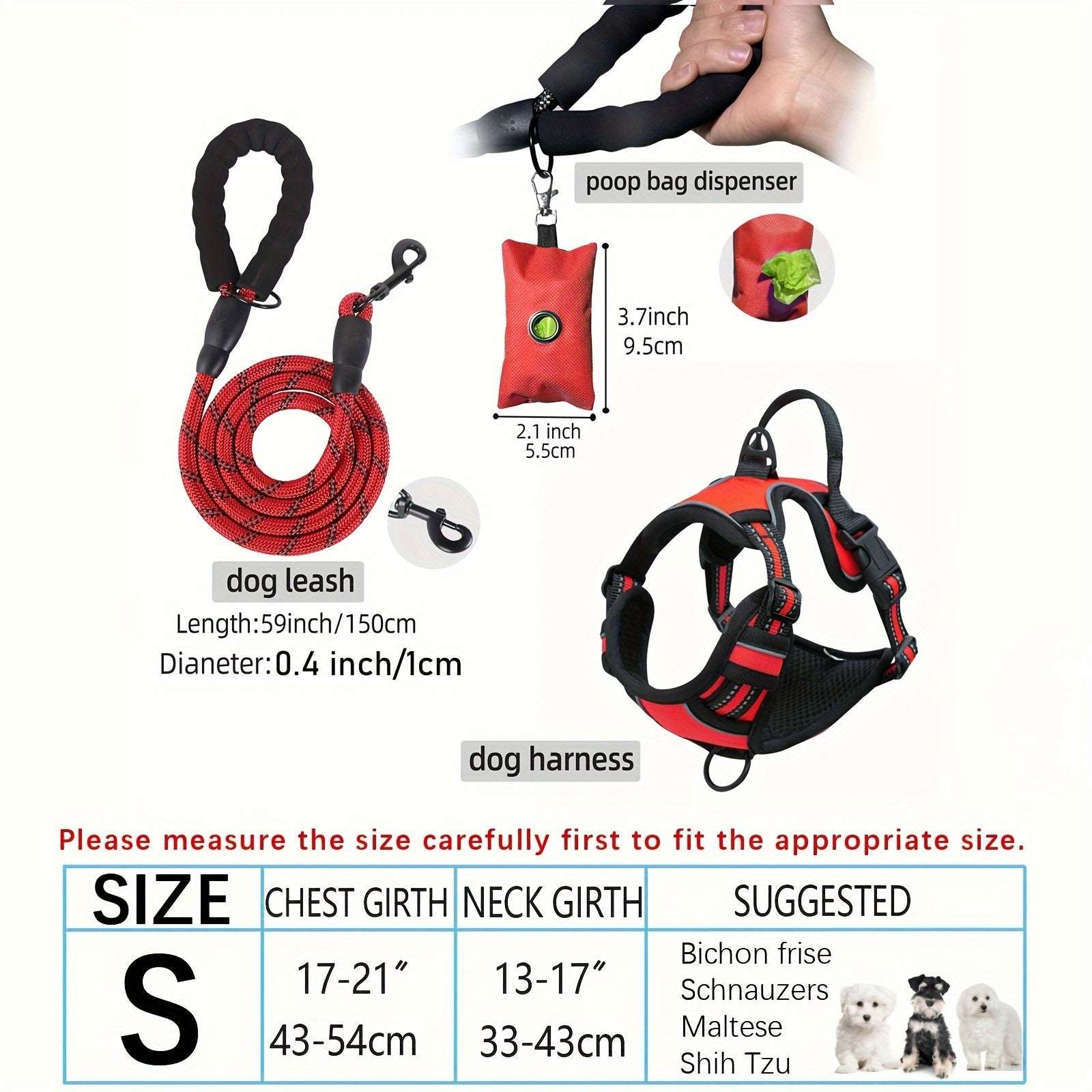 3pcs Adjustable Soft Escape-Proof Dog Harness Set with Leash, Poop Bag Dispenser