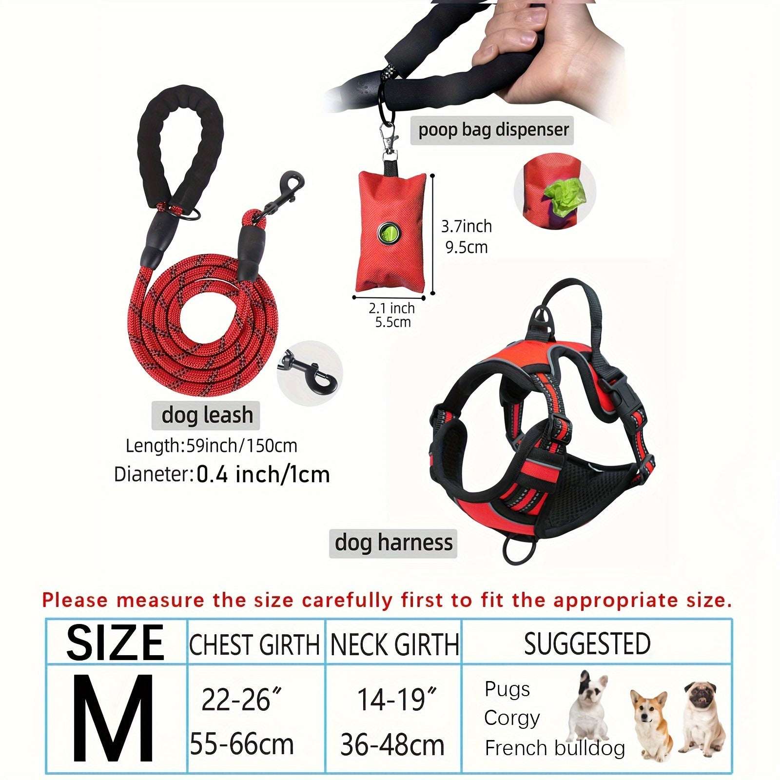 3pcs Adjustable Soft Escape-Proof Dog Harness Set with Leash, Poop Bag Dispenser