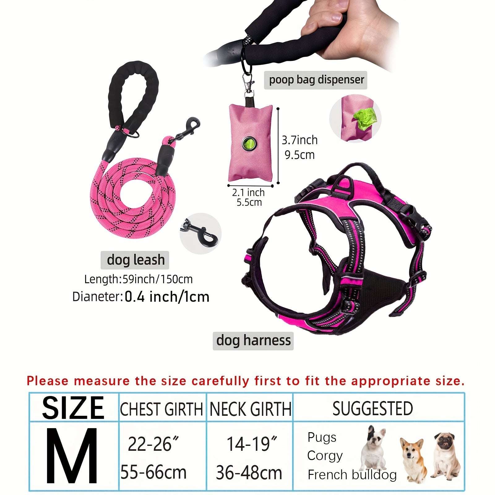 3pcs Adjustable Soft Escape-Proof Dog Harness Set with Leash, Poop Bag Dispenser