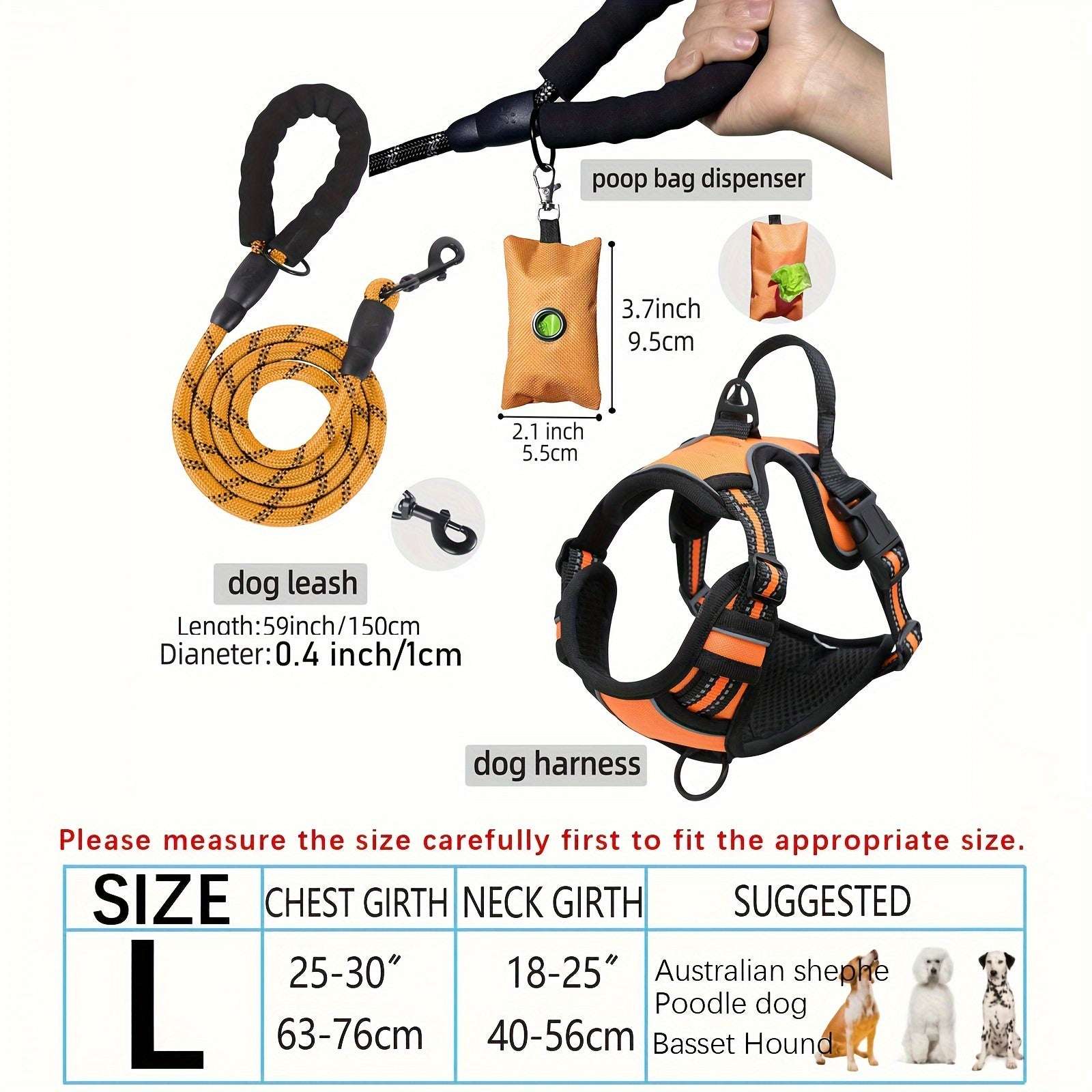 3pcs Adjustable Soft Escape-Proof Dog Harness Set with Leash, Poop Bag Dispenser