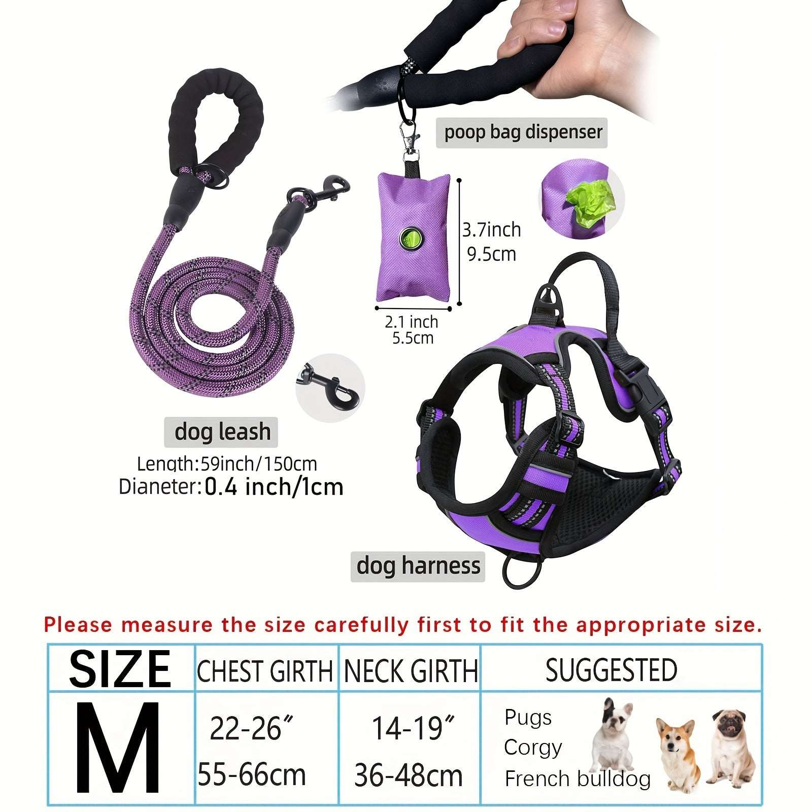 3pcs Adjustable Soft Escape-Proof Dog Harness Set with Leash, Poop Bag Dispenser