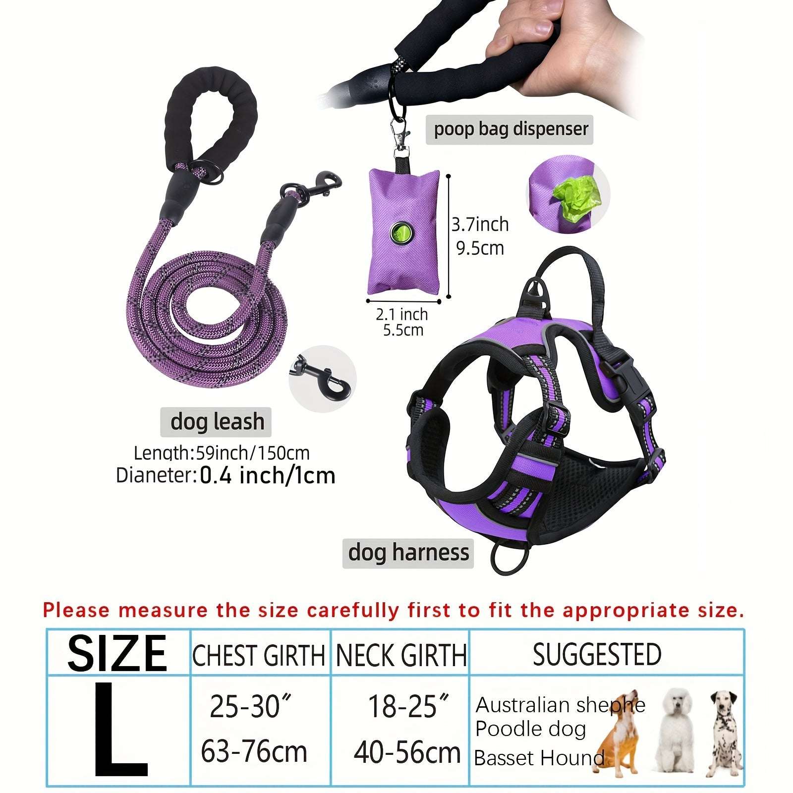 3pcs Adjustable Soft Escape-Proof Dog Harness Set with Leash, Poop Bag Dispenser