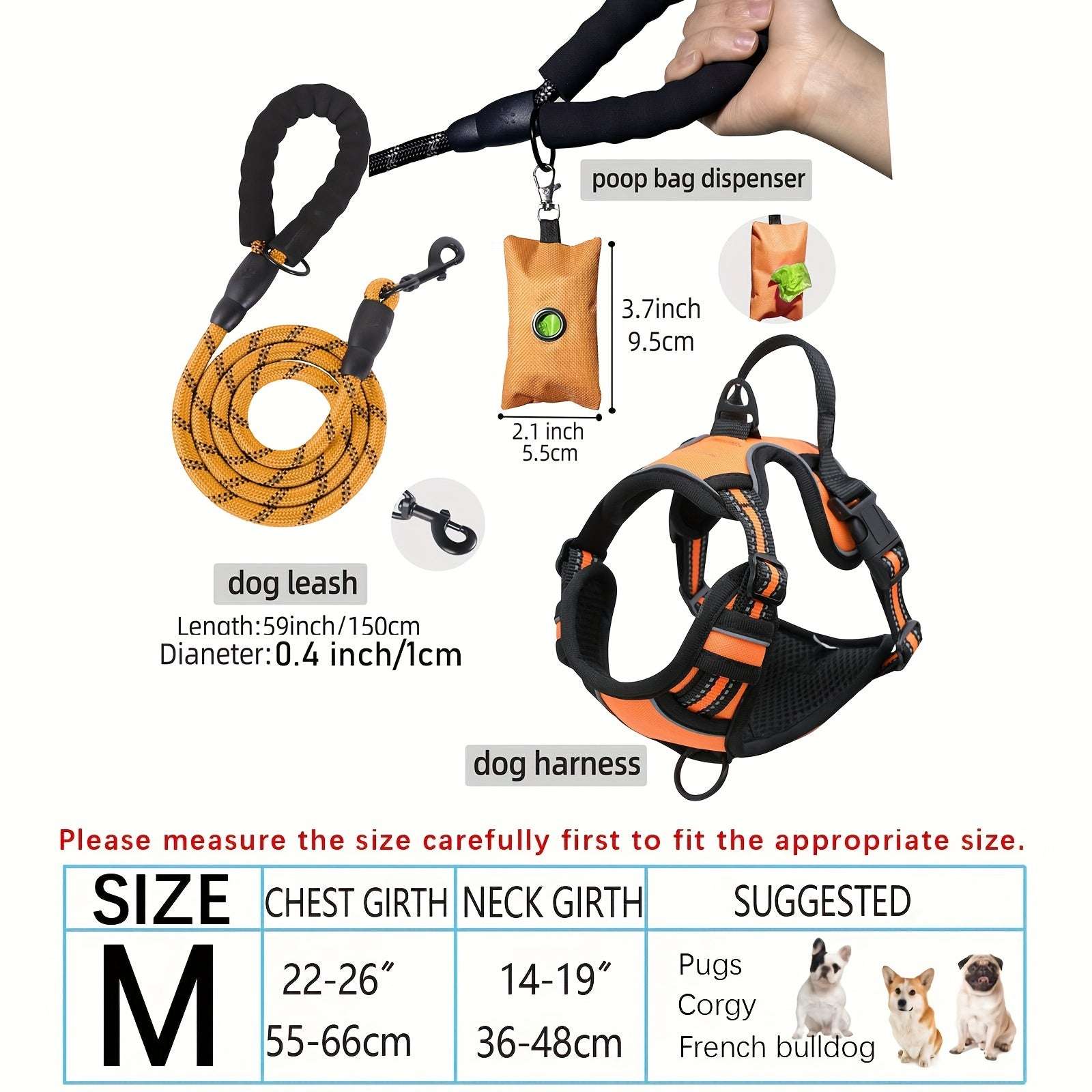 3pcs Adjustable Soft Escape-Proof Dog Harness Set with Leash, Poop Bag Dispenser