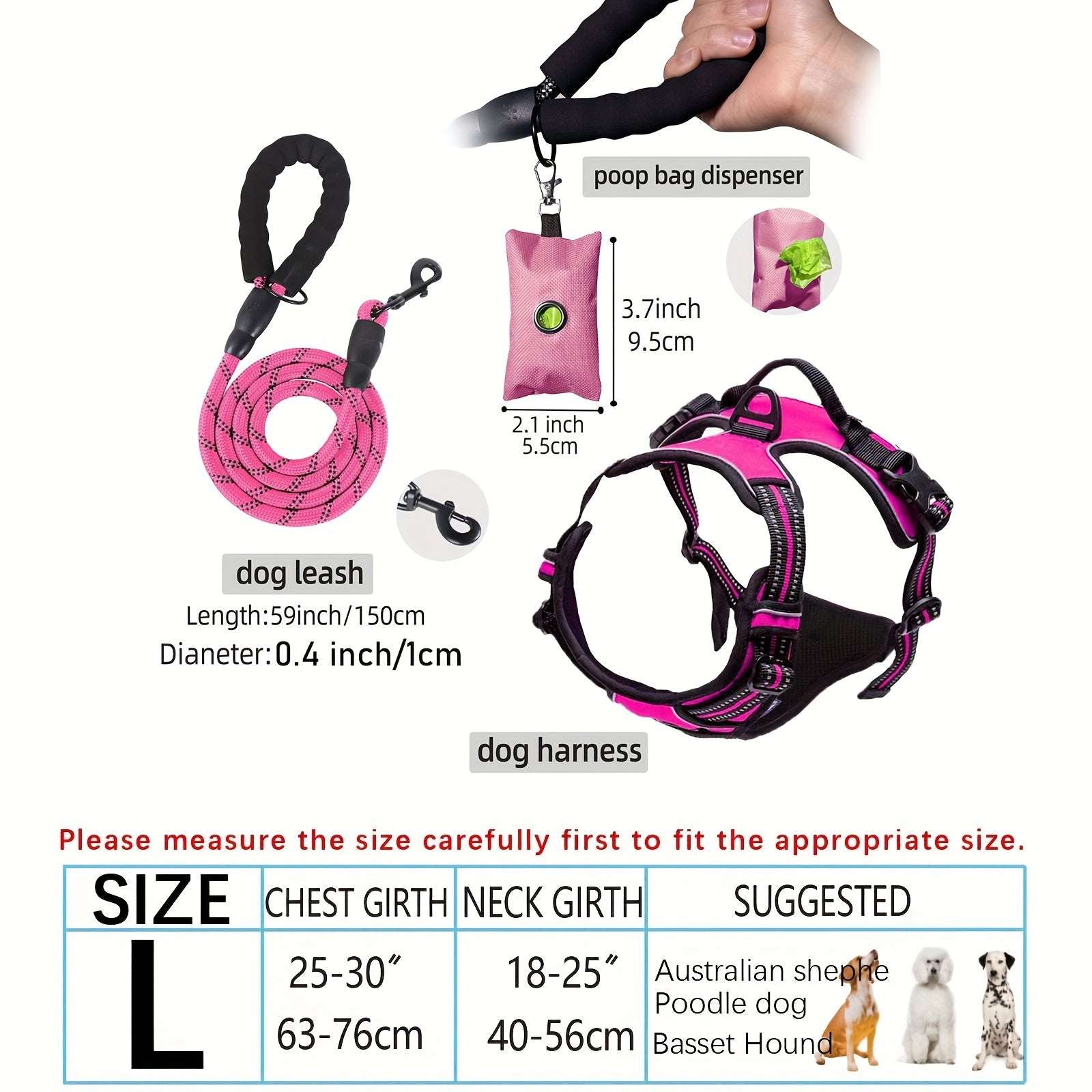 3pcs Adjustable Soft Escape-Proof Dog Harness Set with Leash, Poop Bag Dispenser