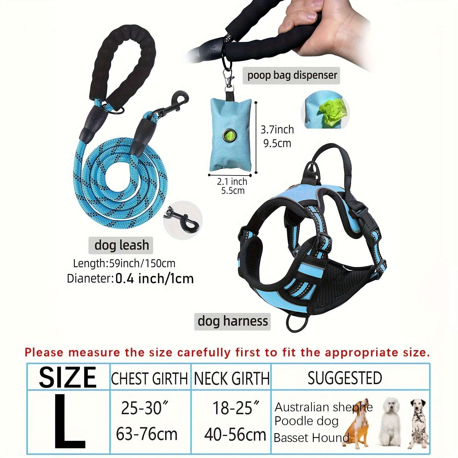 3pcs Adjustable Soft Escape-Proof Dog Harness Set with Leash, Poop Bag Dispenser