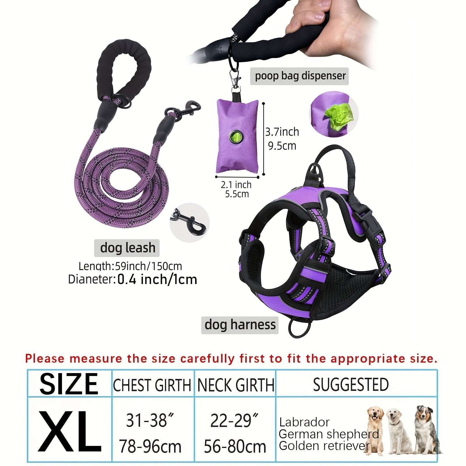 3pcs Adjustable Soft Escape-Proof Dog Harness Set with Leash, Poop Bag Dispenser