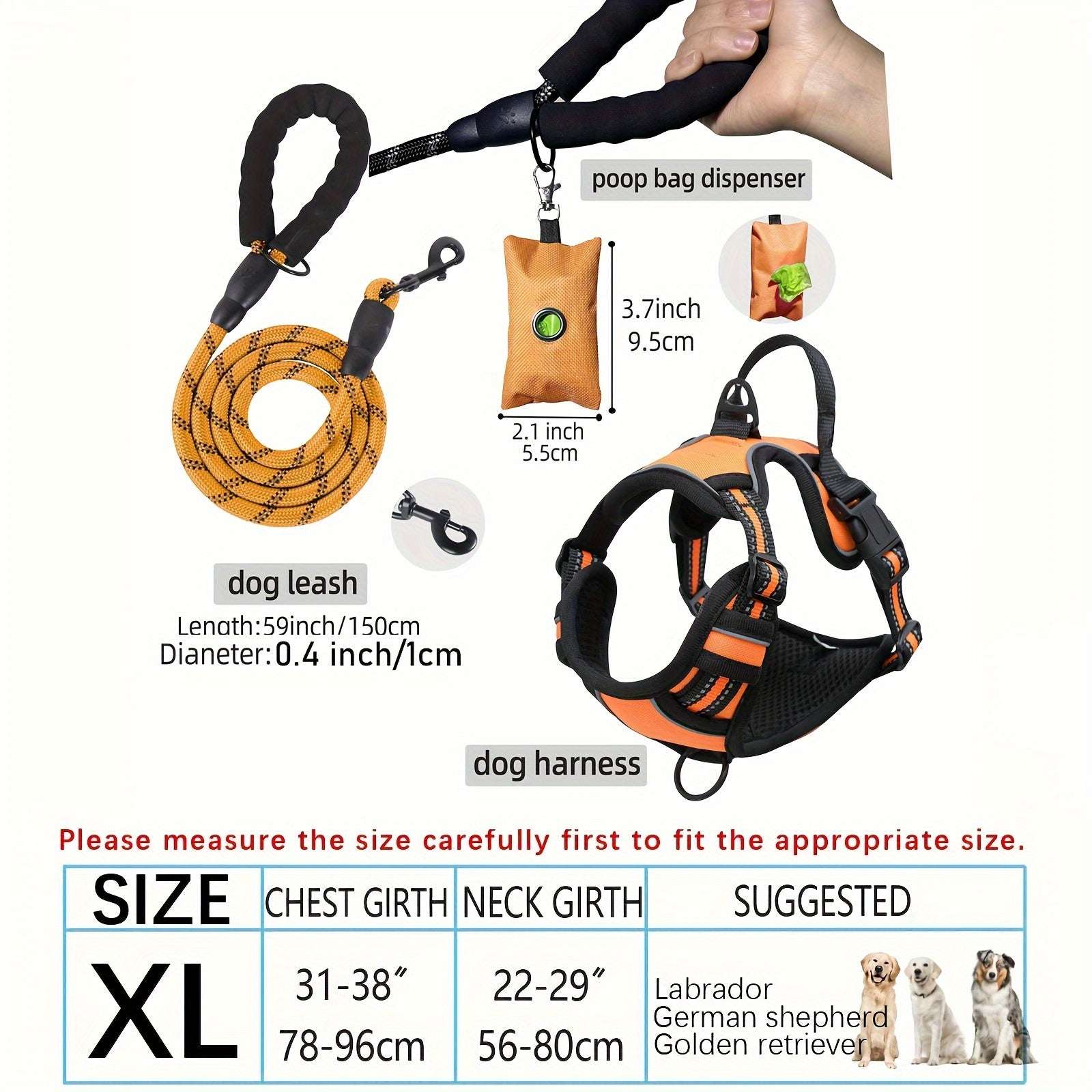 3pcs Adjustable Soft Escape-Proof Dog Harness Set with Leash, Poop Bag Dispenser