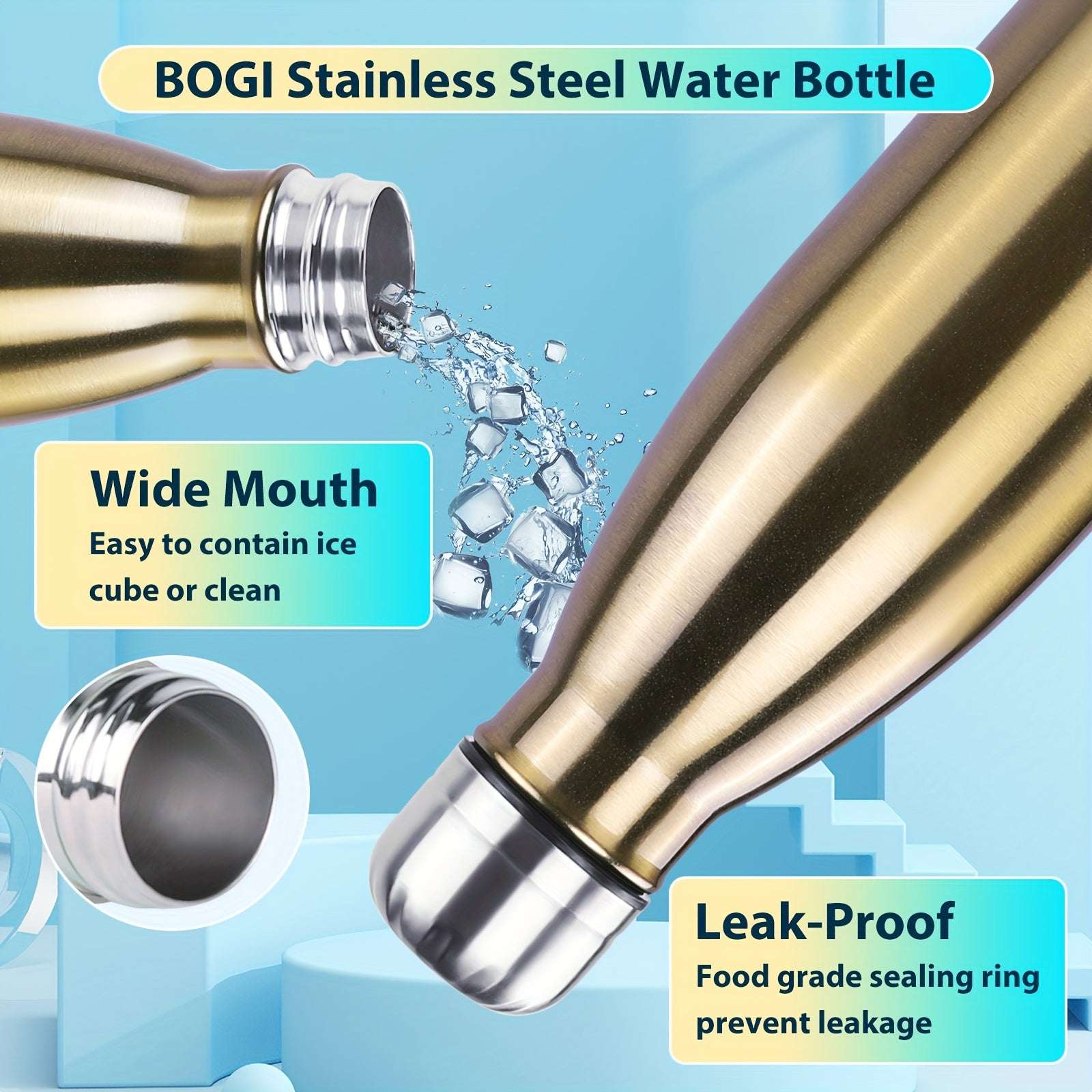 BOGI 17oz Insulated Water Bottle Double Wall Vacuum Stainless Steel Water Bottles, Leak Proof Metal Sports Water Bottle