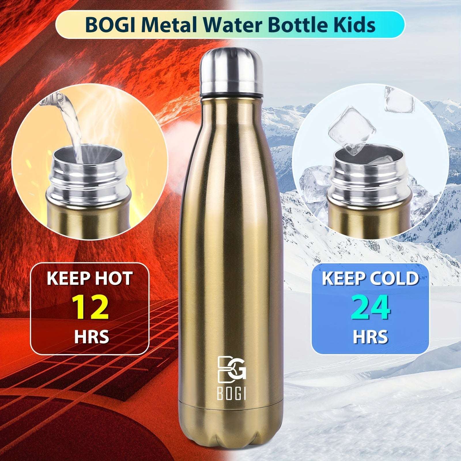 BOGI 17oz Insulated Water Bottle Double Wall Vacuum Stainless Steel Water Bottles, Leak Proof Metal Sports Water Bottle