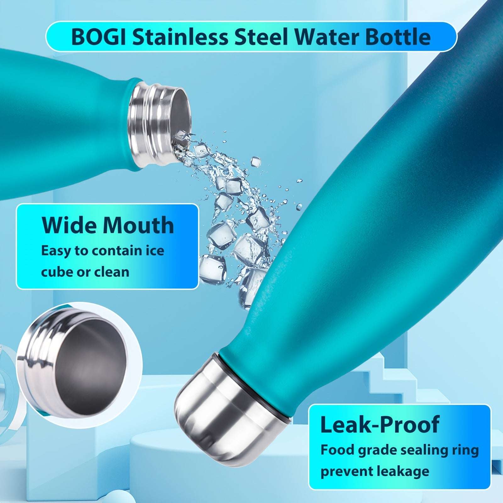 BOGI 25oz Insulated Water Bottle Double Wall Vacuum Stainless Steel Water Bottles, Leak Proof Metal Sports Water Bottle