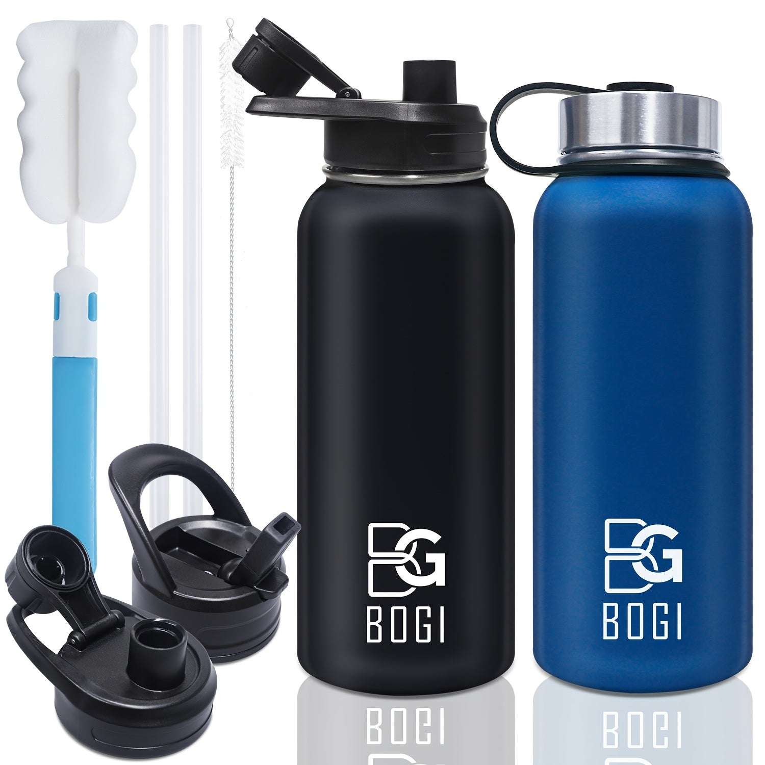 BOGI 32/40oz Insulated Water Bottle, 2 Pack Double Wall Vacuum Stainless Steel Water Bottle With Straw And 3 Lids