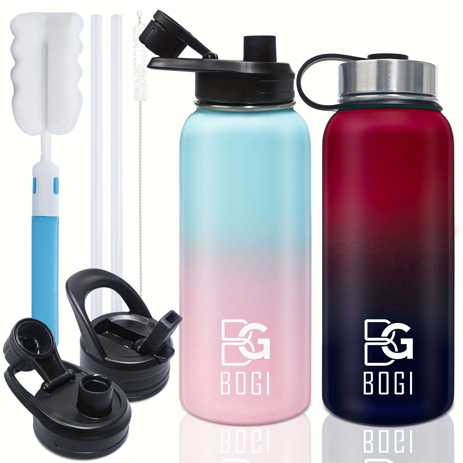 BOGI 32/40oz Insulated Water Bottle, 2 Pack Double Wall Vacuum Stainless Steel Water Bottle With Straw And 3 Lids