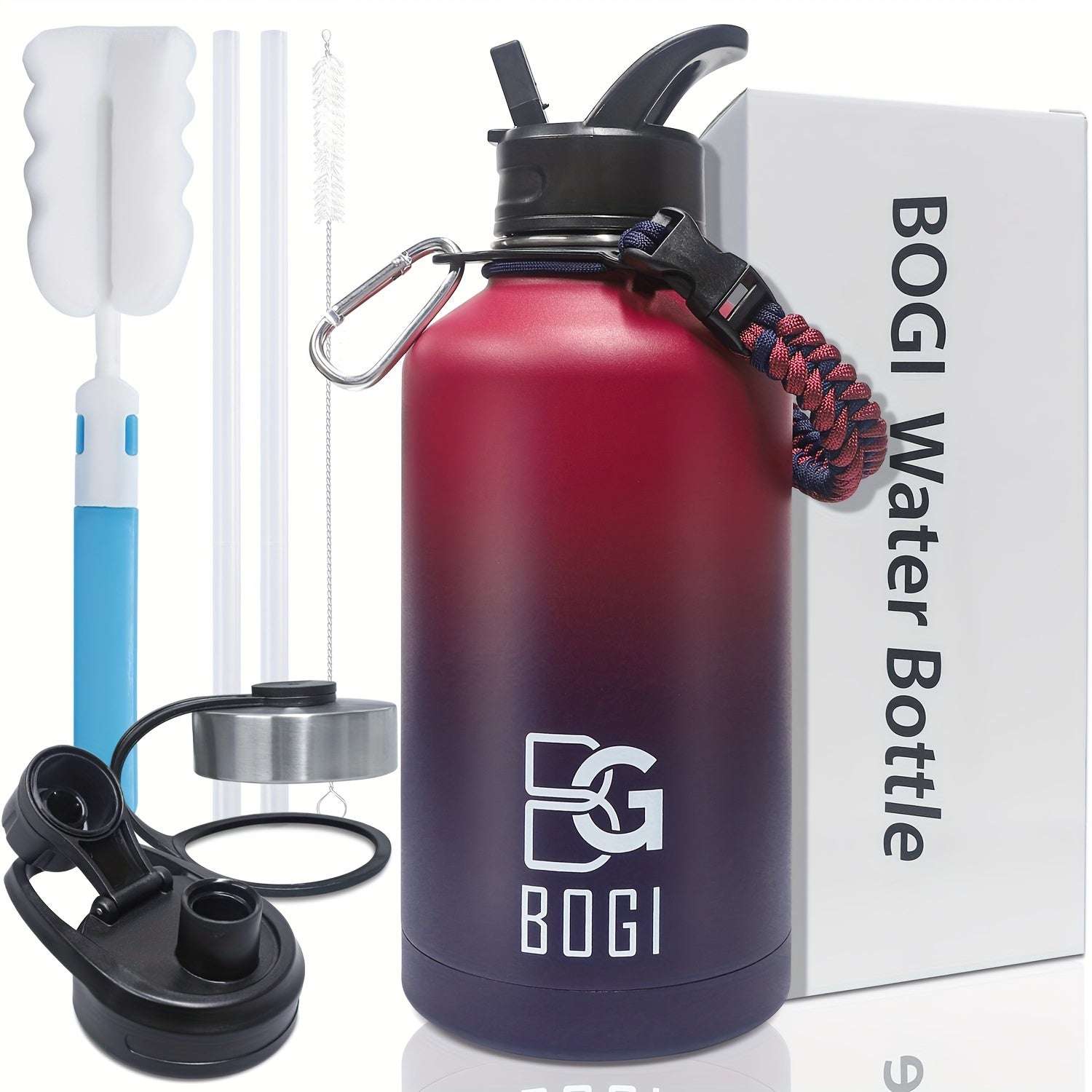 BOGI 64oz Water Bottle Stainless Steel, 2l Water Bottle With Straw Double Wall Vacuum Insulated Water Bottles With 3 Lids