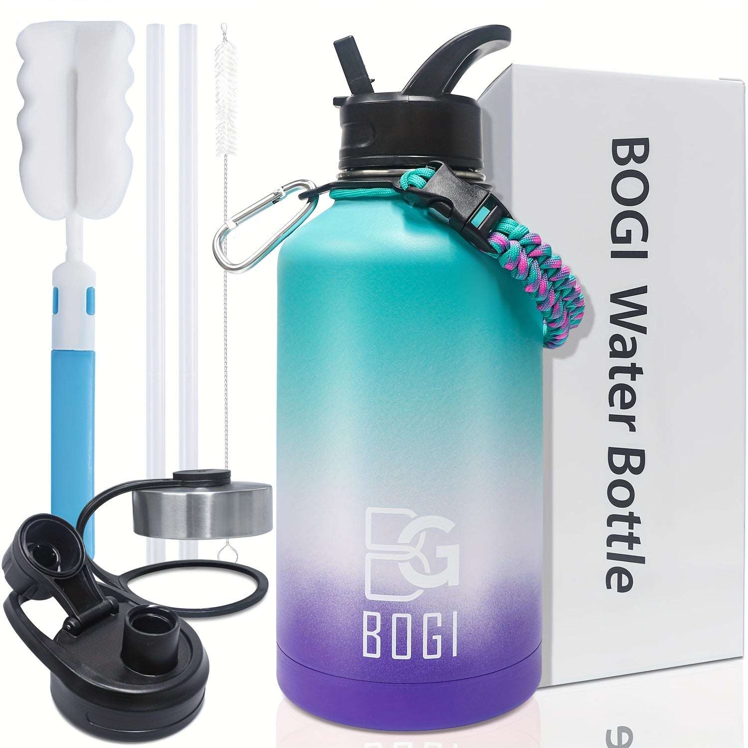 BOGI 64oz Water Bottle Stainless Steel, 2l Water Bottle With Straw Double Wall Vacuum Insulated Water Bottles With 3 Lids