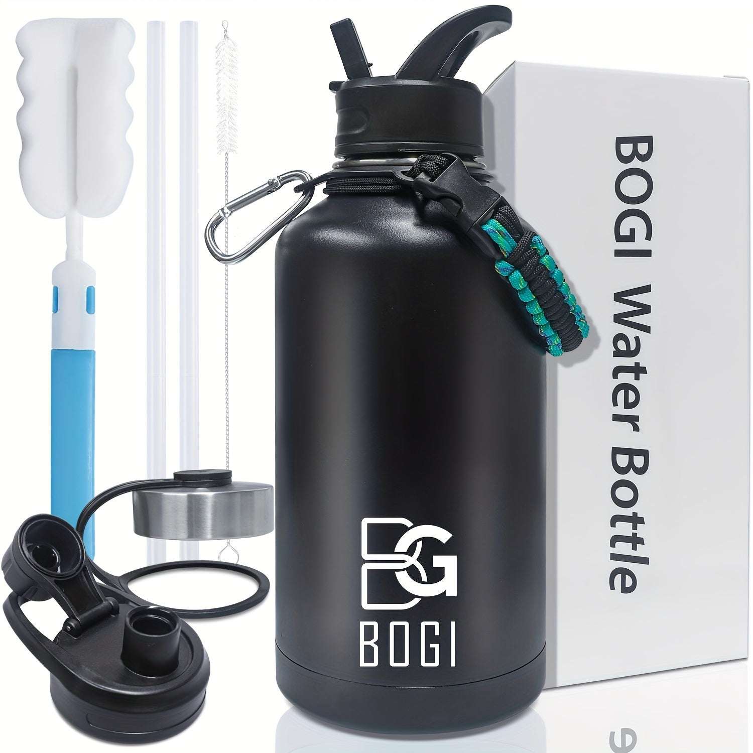 BOGI 64oz Water Bottle Stainless Steel, 2l Water Bottle With Straw Double Wall Vacuum Insulated Water Bottles With 3 Lids