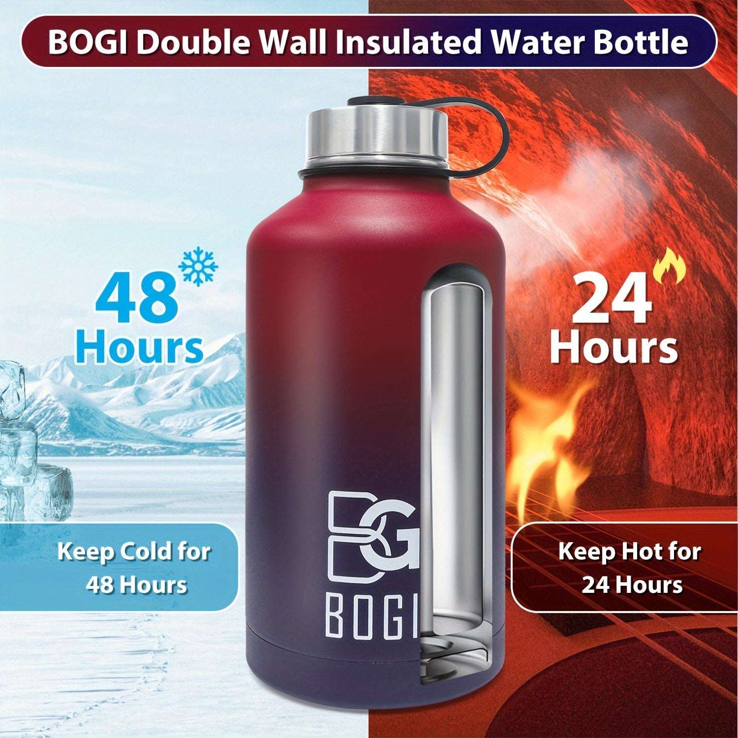 BOGI 64oz Water Bottle Stainless Steel, 2l Water Bottle With Straw Double Wall Vacuum Insulated Water Bottles With 3 Lids