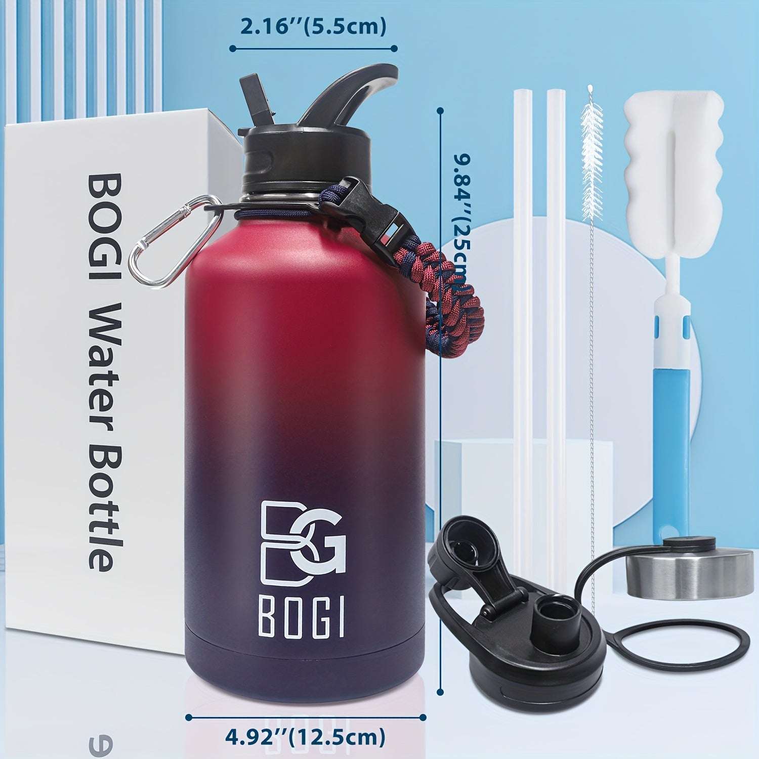 BOGI 64oz Water Bottle Stainless Steel, 2l Water Bottle With Straw Double Wall Vacuum Insulated Water Bottles With 3 Lids