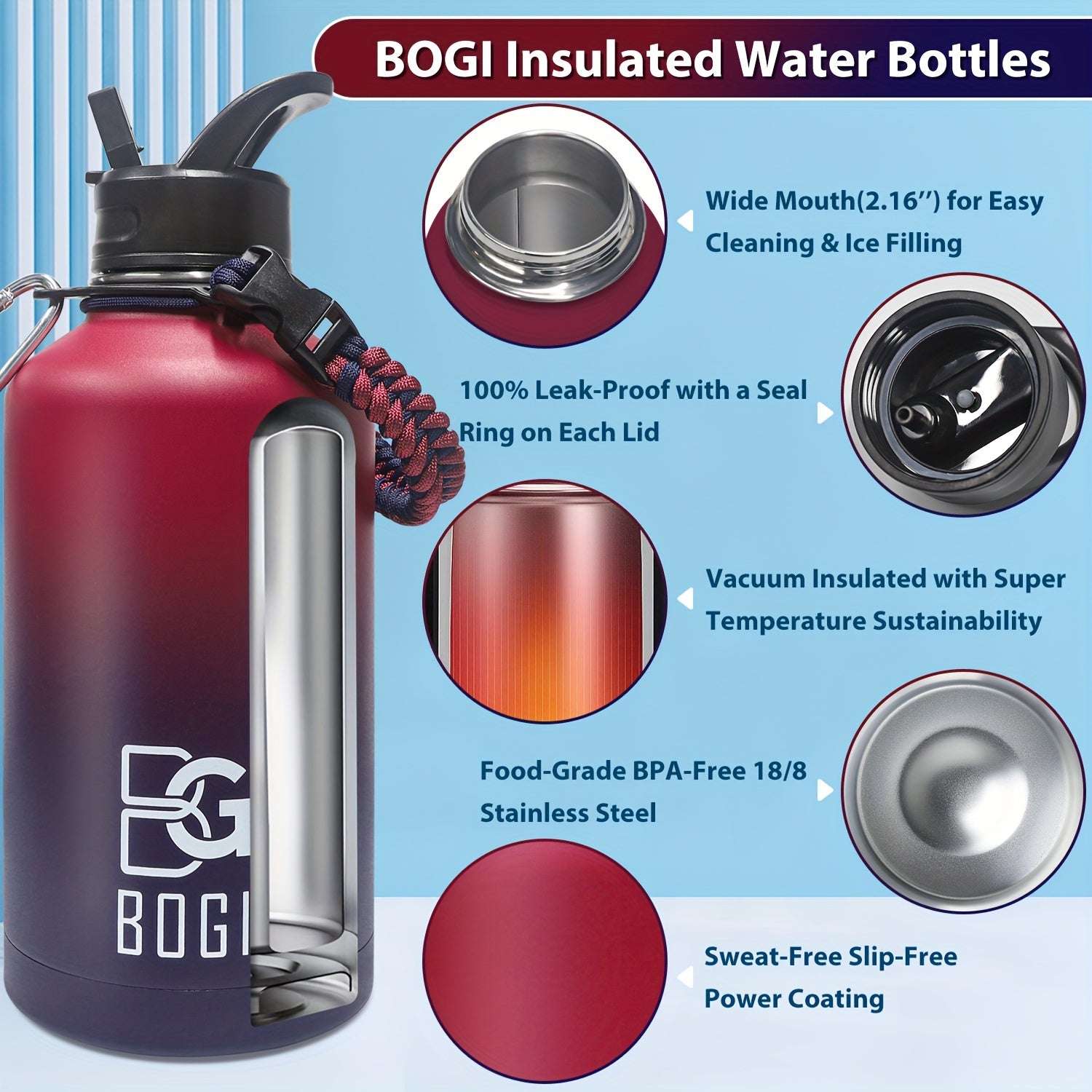 BOGI 64oz Water Bottle Stainless Steel, 2l Water Bottle With Straw Double Wall Vacuum Insulated Water Bottles With 3 Lids