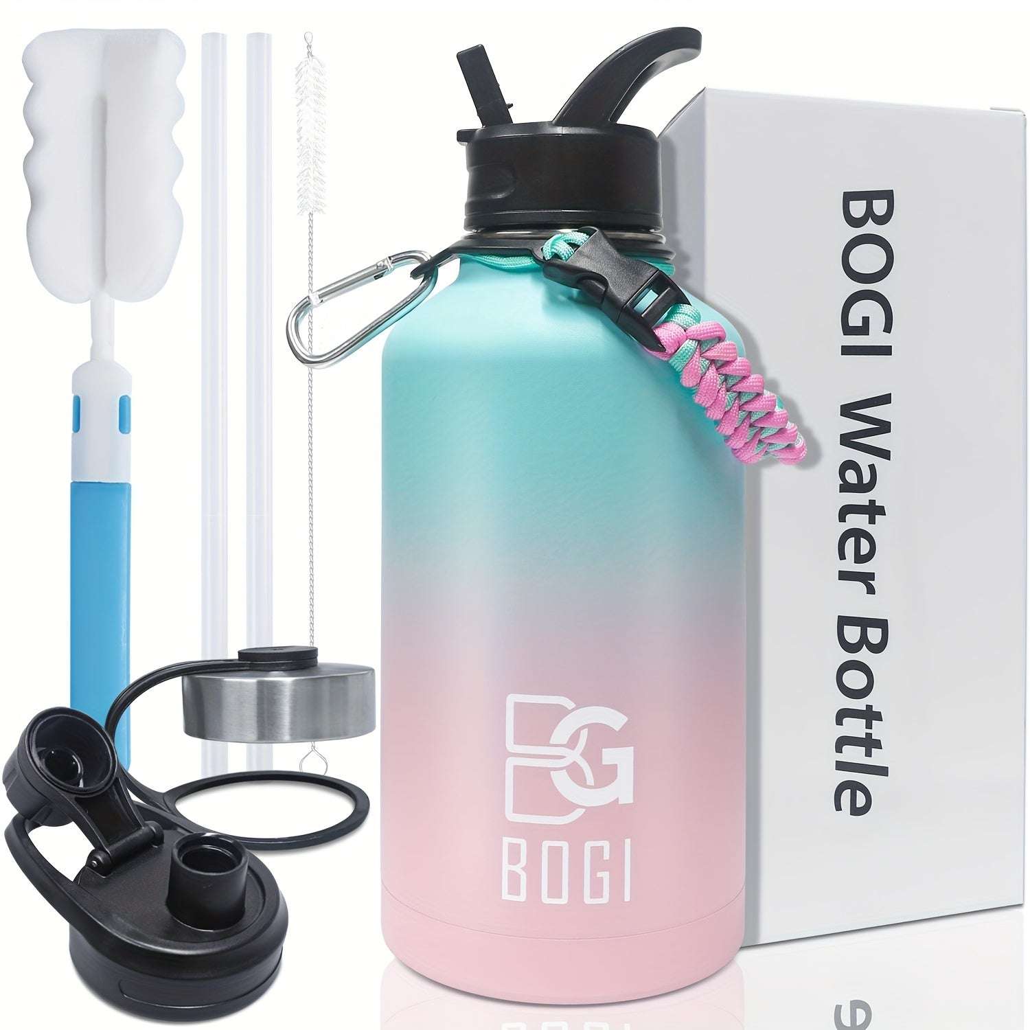 BOGI 64oz Water Bottle Stainless Steel, 2l Water Bottle With Straw Double Wall Vacuum Insulated Water Bottles With 3 Lids