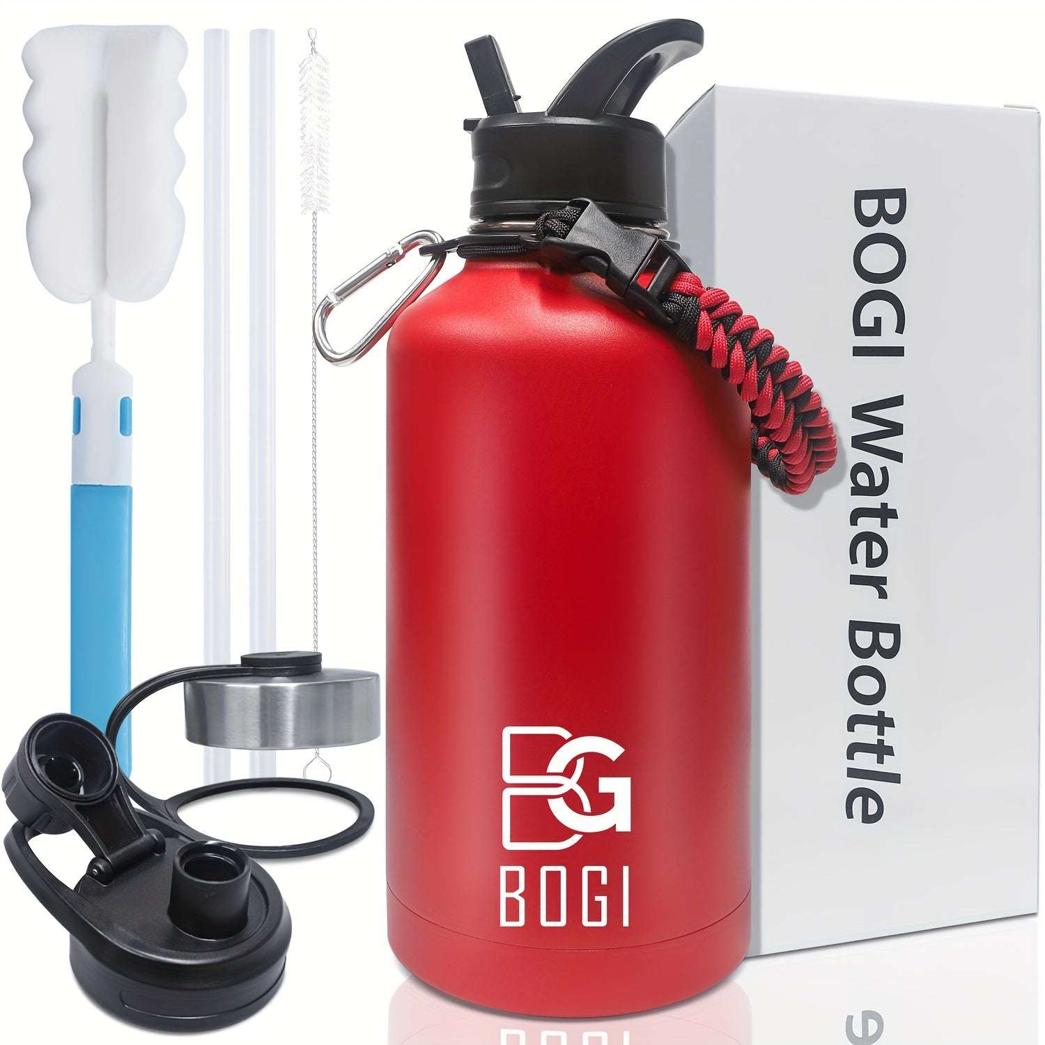 BOGI 64oz Water Bottle Stainless Steel, 2l Water Bottle With Straw Double Wall Vacuum Insulated Water Bottles With 3 Lids