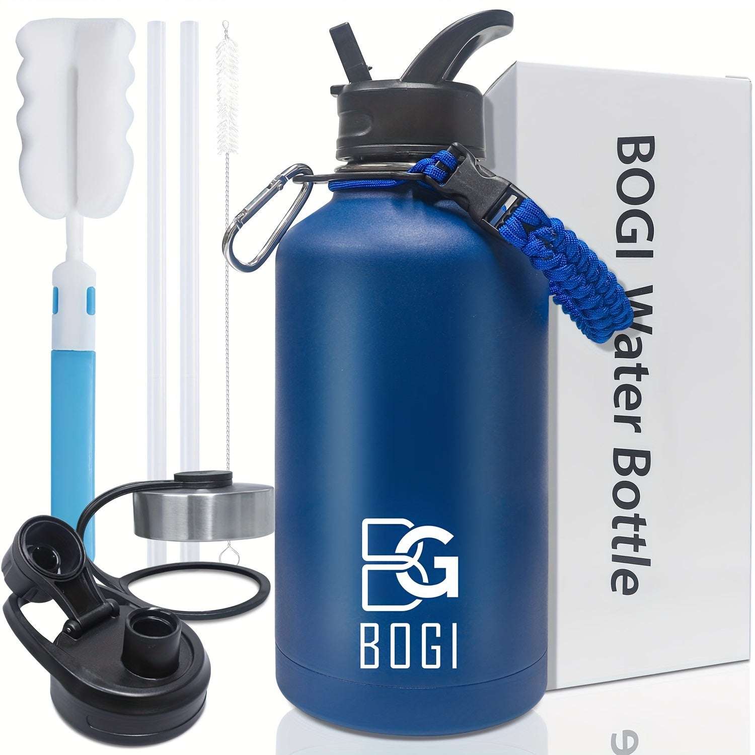 BOGI 64oz Water Bottle Stainless Steel, 2l Water Bottle With Straw Double Wall Vacuum Insulated Water Bottles With 3 Lids