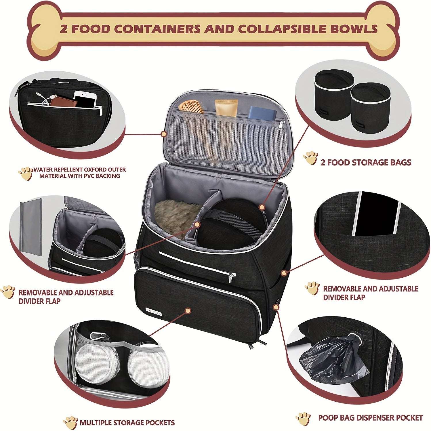 Dog Travel Bag Backpack - Airline Approved, 2 Silicone Collapsible Bowls, 2 Food Baskets