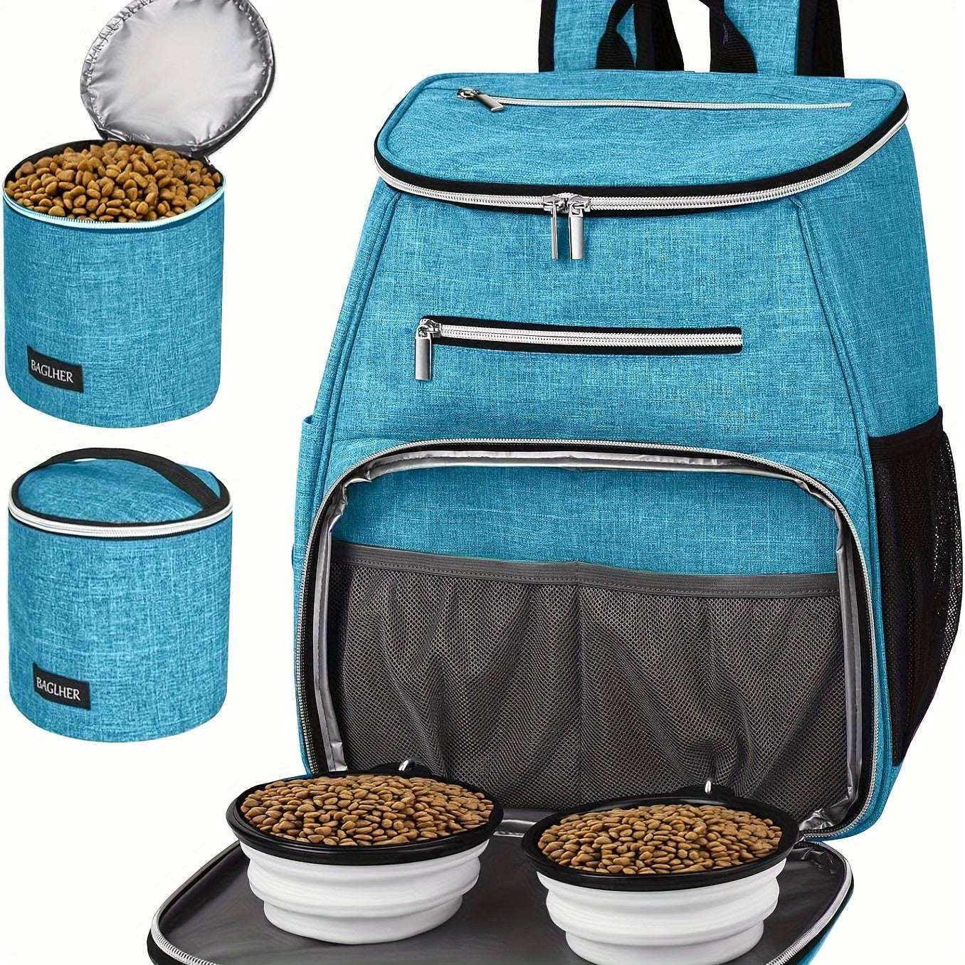 Dog Travel Bag Backpack - Airline Approved, 2 Silicone Collapsible Bowls, 2 Food Baskets