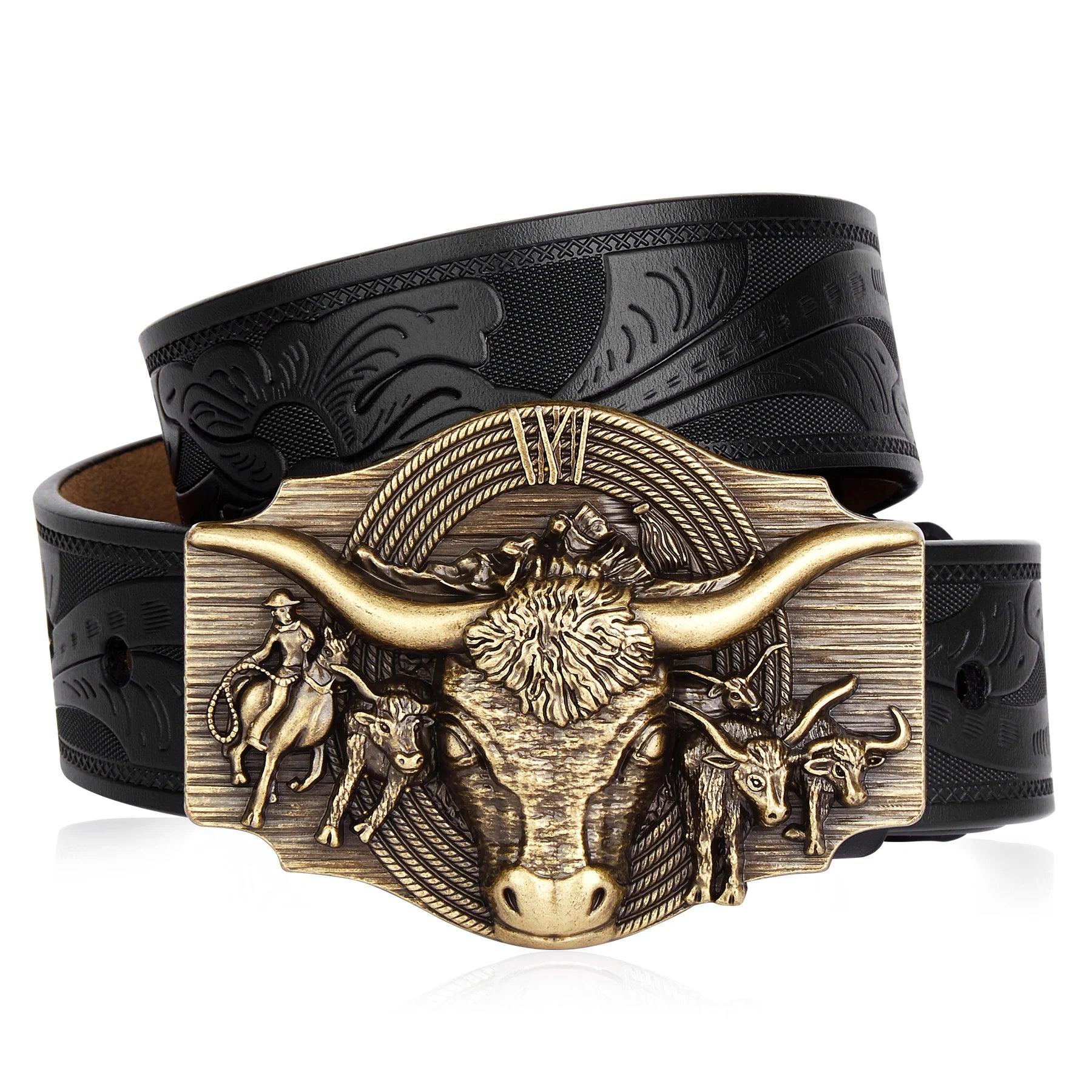 Retro Cowhide Western Cowboy Genuine Leather High Quality Alloy Buckle Belt