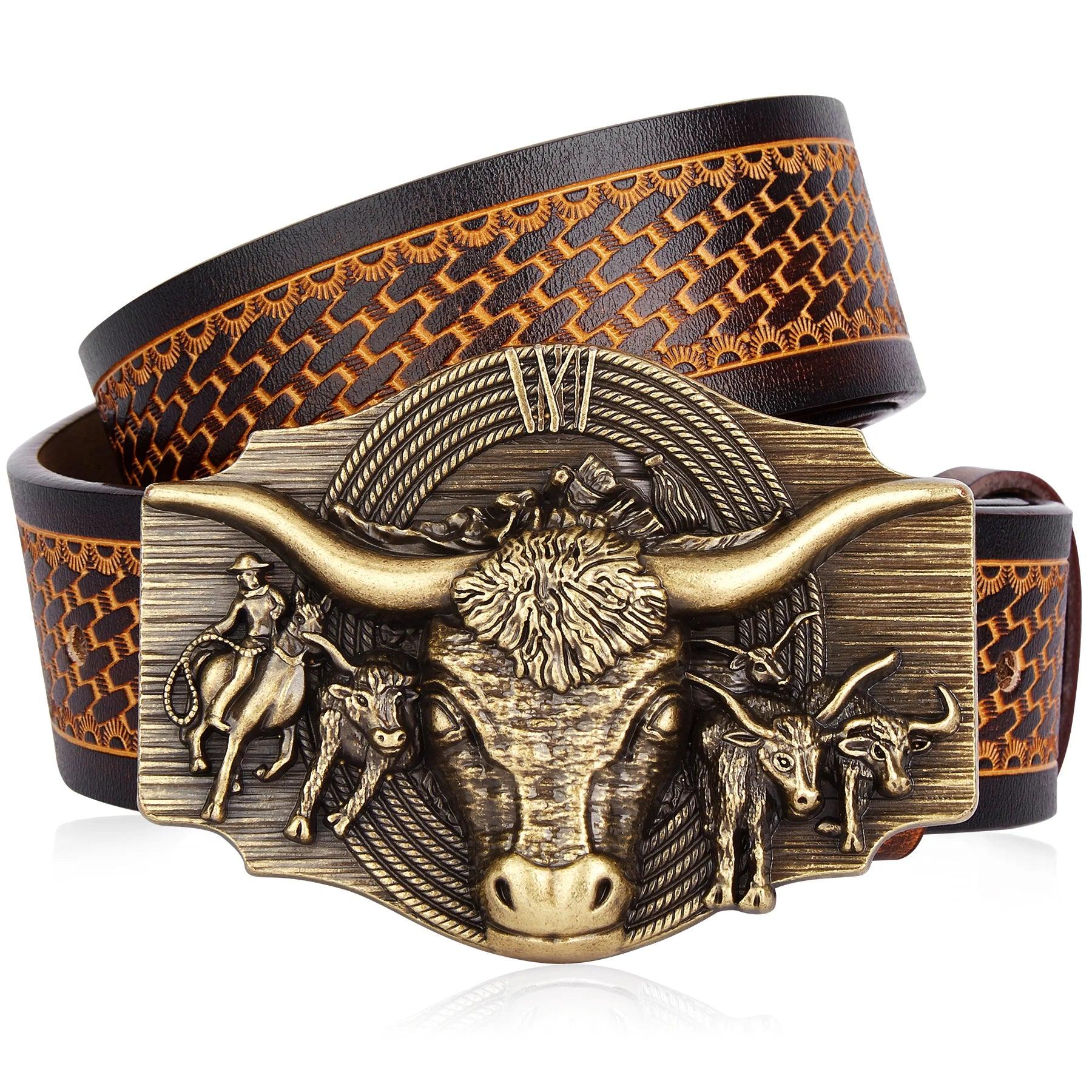 Retro Cowhide Western Cowboy Genuine Leather High Quality Alloy Buckle Belt