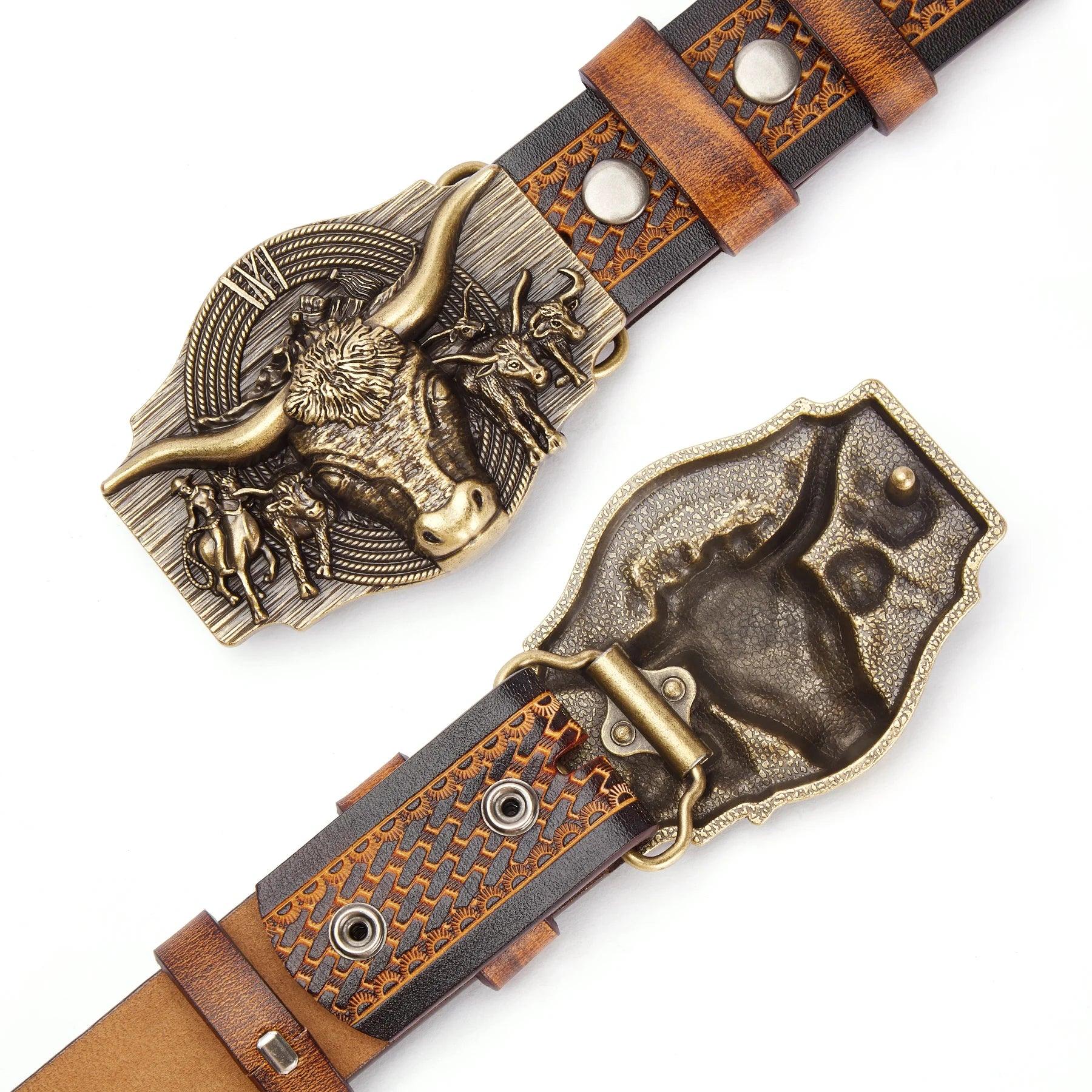 Retro Cowhide Western Cowboy Genuine Leather High Quality Alloy Buckle Belt