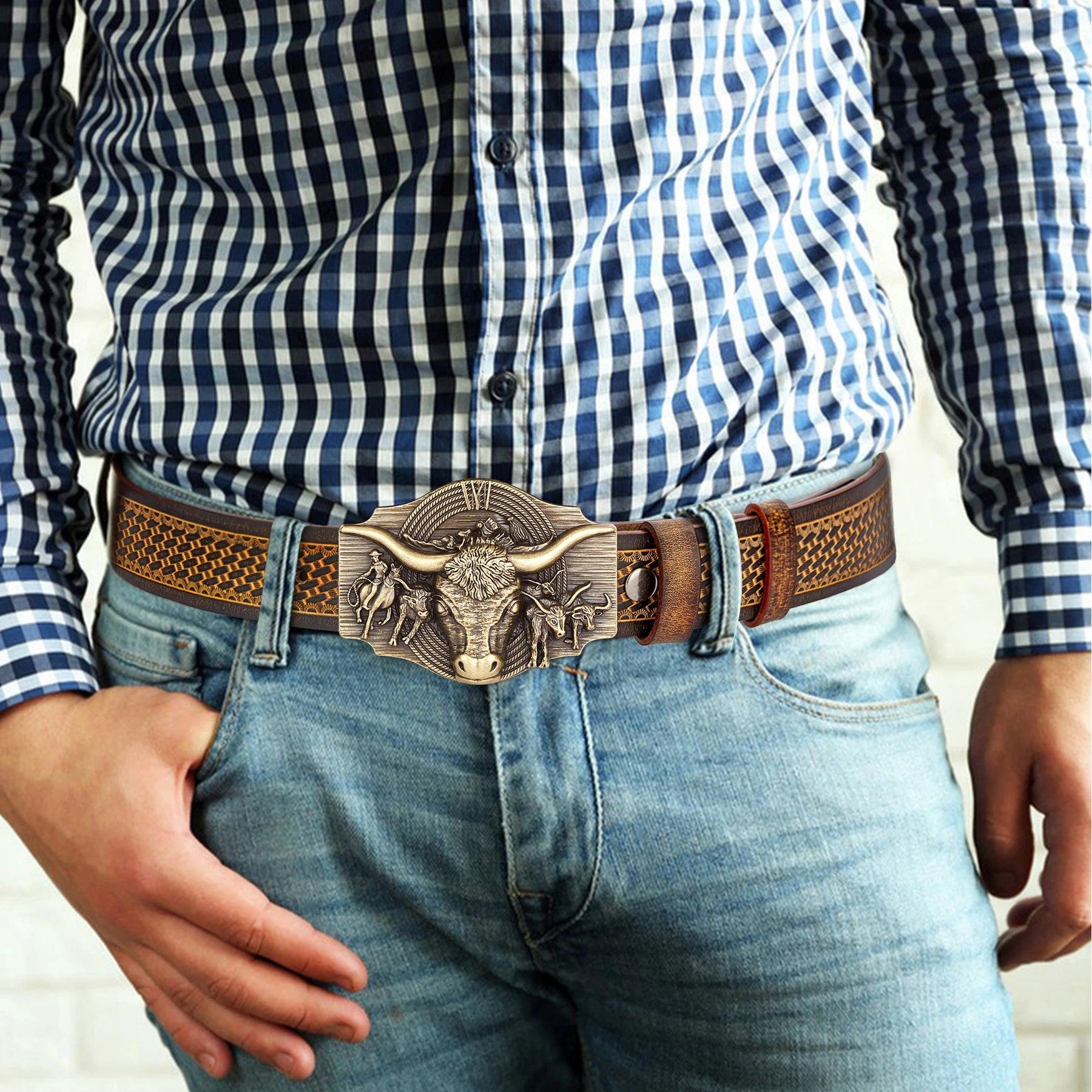 Retro Cowhide Western Cowboy Genuine Leather High Quality Alloy Buckle Belt